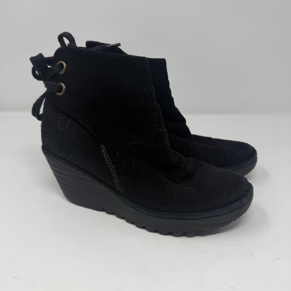 Fly London Suede Wedge Ankle Boots Black Lace Up Back Women Size 38